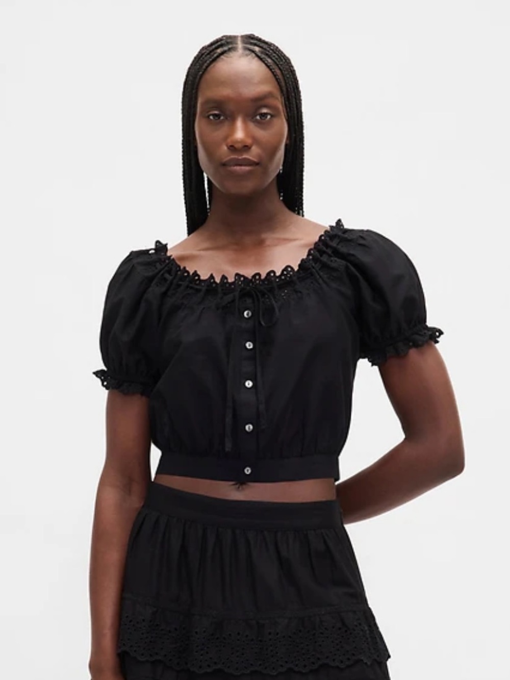 GAP Black Eyelet Button-Front Crop Top with Puff Sleeves
